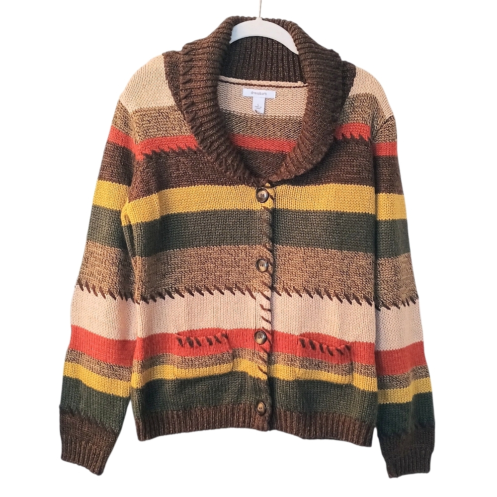 Women's Dress Barn Striped Long Sleeve Knit Sweater Size Large - Brown, Green, O